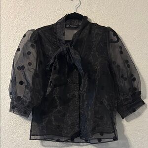 Zara Black Puff Sleeve Tie Front Blouse
